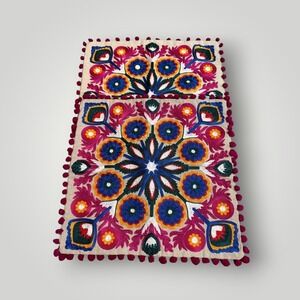 Chumbak Cushion Covers (2) 16x16 Forest Focus Pom Pom Trim Suzani Boho Indian